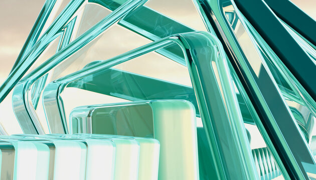 Abstract 3D rendering of curved transparent glass structure