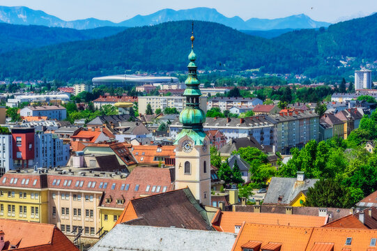 Austria, Carinthia, Klagenfurt am Worthersee, High angle view of city with church tower