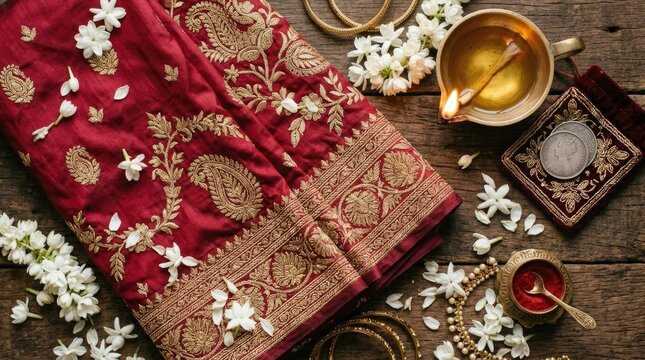 Happy diwali luxurious red and gold brocade sari with jasmine flowers traditional oil lamp and festive decorations
