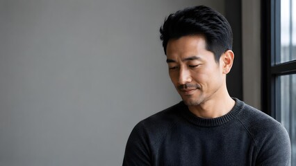 Obraz premium Portrait of a handsome mid-adult Asian man in a dark grey sweater looking down thoughtfully inside a minimalist room.