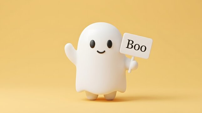A cute 3d rendered white ghost character waving and holding a sign that says boo against a soft yellow background