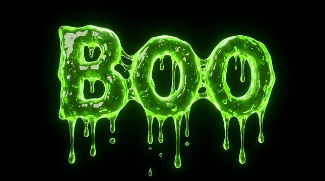 Green glowing slime text boo on black background for halloween