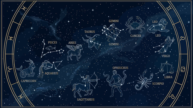Glowing Zodiac Constellations of Pisces Gemini and Leo in a Starry Winter Night Sky with Moon Galaxy and Blue Space Vector Illustration