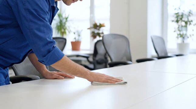 Side Profile of Janitor Cleaning Stark White Office Desk Symbolizing Professional Workspace Maintenance, Corporate Hygiene Standards, and Meticulous Facility Care Services
