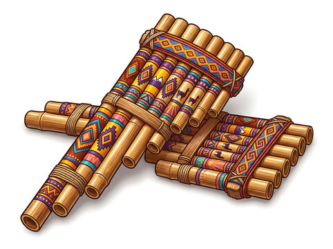 Two handmade Peruvian pan flutes (zampo&ntilde;as) with colorful woven textile bands and geometric patterns