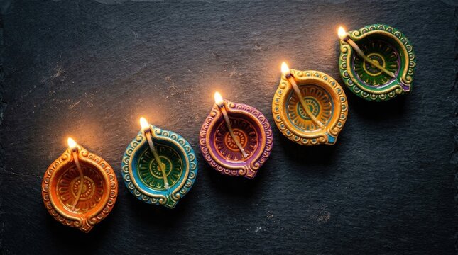Happy diwali traditional clay diyas with burning flames on dark slate background for festive celebrations