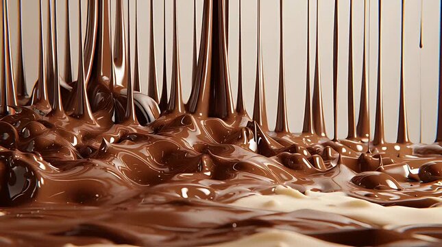 Rich liquid chocolate pouring down in thick smooth streams creating a delicious textured background.