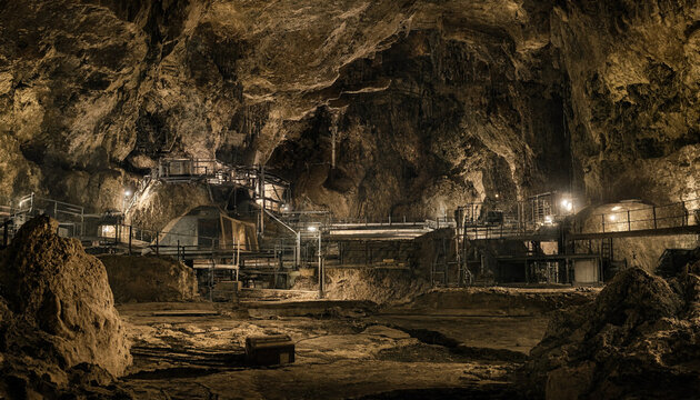 Wide view of a large underground cavern with rocky walls, metal staircases, and industrial platforms illuminated by artificial lighting in a cave