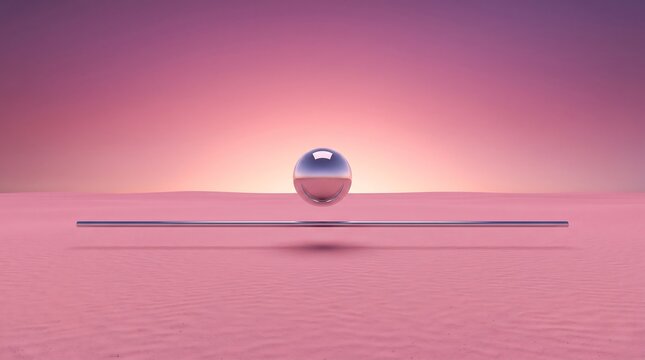 Floating polished metal orb hovering above a smooth sandy desert floor at sunset with metallic reflection landscape minimalist background conceptual abstract floating tranquil composition