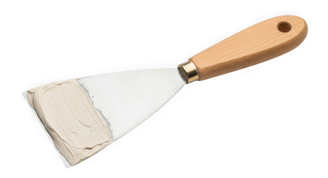 Isolated putty knife with metal blade and wooden handle on transparent background