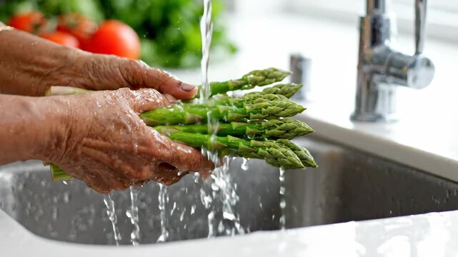 Fresh asparagus vegetable washing at kitchen sink under running water, elderly hand preparing healthy food with hygiene focus in home kitchen