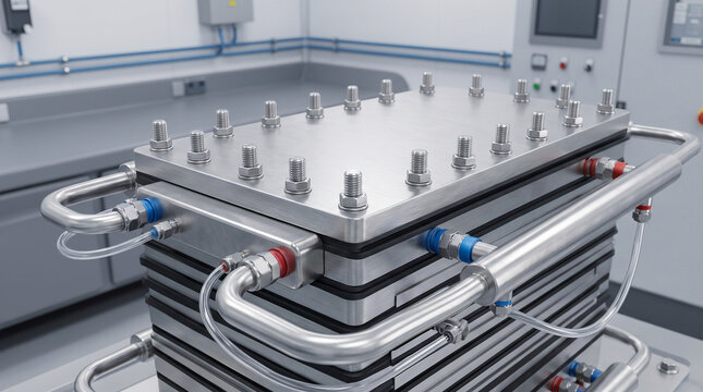 Industrial fuel cell stack with metal pipes in laboratory