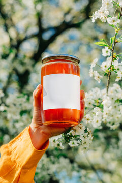 Hand holding jar of honey with blank label among spring blossoms