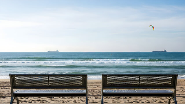 Two benches sit on a sandy beach overlooking ocean waves and a parasailer