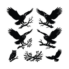 Fototapeta premium Collection of majestic owl silhouettes in flight and perched on branches