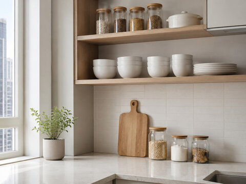 Korean Minimal Kitchen Interior - Organized Pantry Jars and White Dishware