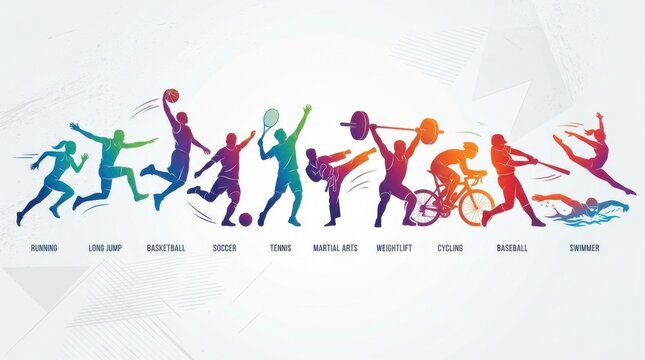 Colorful silhouettes of various athletes performing different sports activities in a dynamic and energetic composition