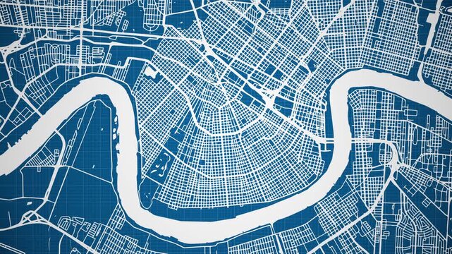 Ink reveal animation of New Orleans city, Louisiana (LA), United States of America, grid map. Aerial top view. Blueprint style. White lines with blue background. 4K Seamless loop.