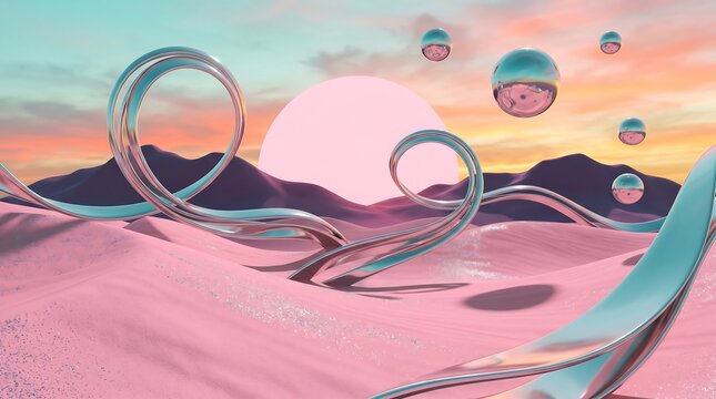 Surreal pink desert landscape with floating metallic spheres and abstract chrome roller coaster tracks at sunset abstract floating landscape futuristic rollercoaster reflective dreamlike