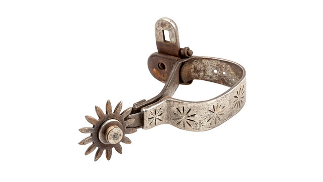 Vintage metallic cowboy boot spur antique western gear isolated on transparent background