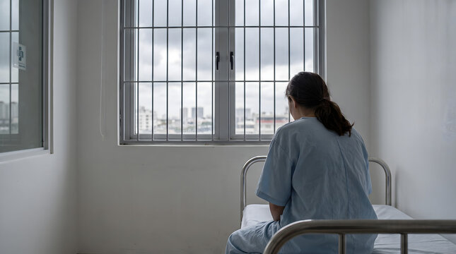 Psychiatric patient sitting alone on single bed in clinic ward reflecting on medical trauma depression and anxiety