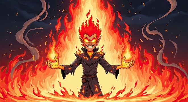 Angry fire elemental creature surrounded by intense flames.