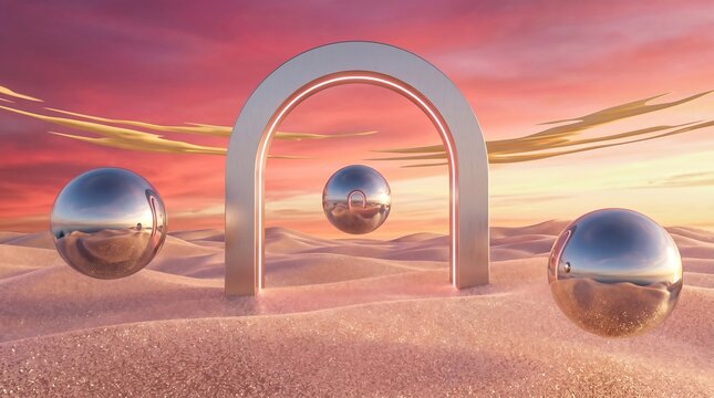 Reflective chrome spheres floating in front of a stone archway in a red desert landscape with floating landscape metallic reflection minimalist abstract geometry sculpture conceptual dramatic