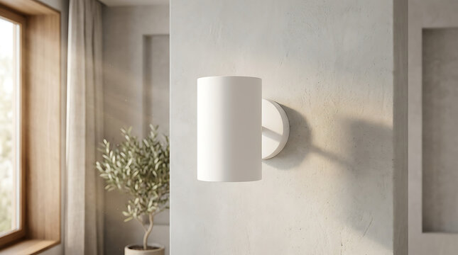 Modern cylinder wall lamp mounted on textured concrete pillar in sunlit living room for architectural lighting solutions