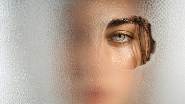 Contemporary beauty portrait behind frosted textured glass with a small clear opening revealing one eye in perfect focus