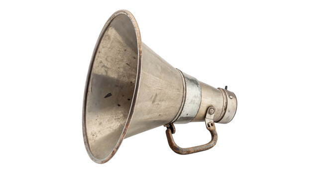 Vintage metallic megaphone horn classic broadcast communication gear isolated on transparent background