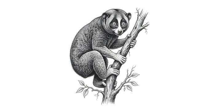 Artistic vintage engraving of a slow loris perched on a tree branch