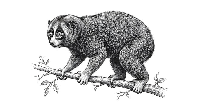 Vintage style etching illustration of a slow loris climbing along a branch