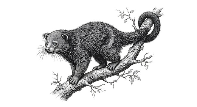 Hand-drawn vintage engraving of a binturong climbing on a tree