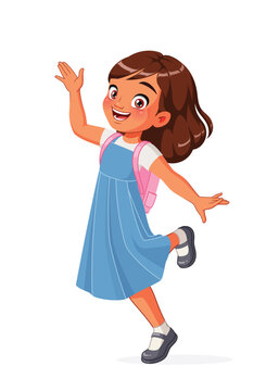 Happy Indian elementary school girl waving hand and hopping on her way to school. Cartoon vector illustration.