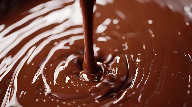 Close up of smooth melted liquid chocolate pouring and creating ripples.