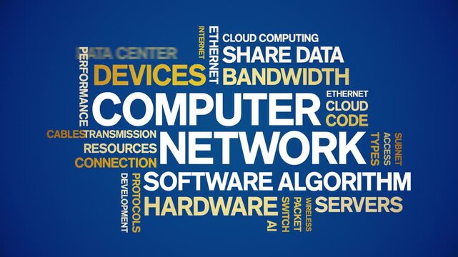 Computer Network animated word cloud-text design animation tag kinetic typography seamless loop.