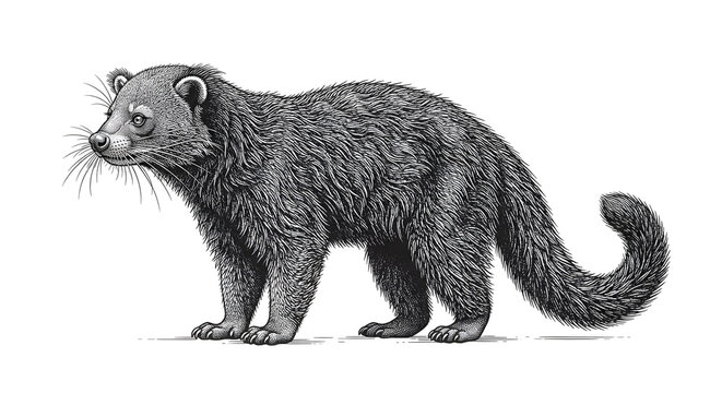Detailed vintage etching of a binturong walking on the ground 