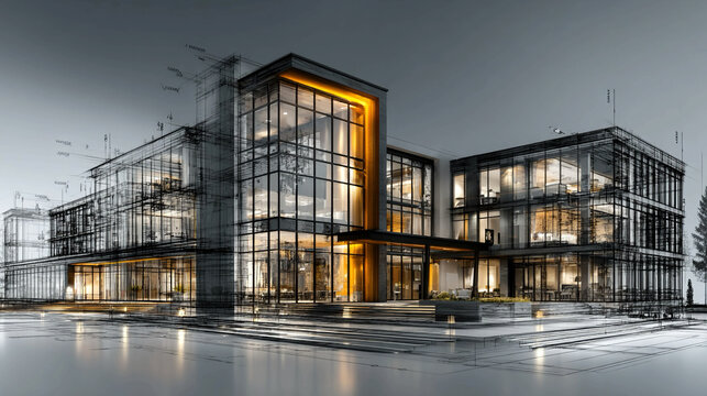 Building design evolving from blueprint to modern structure construction process concept architectural development visualization from sketch to finished project
