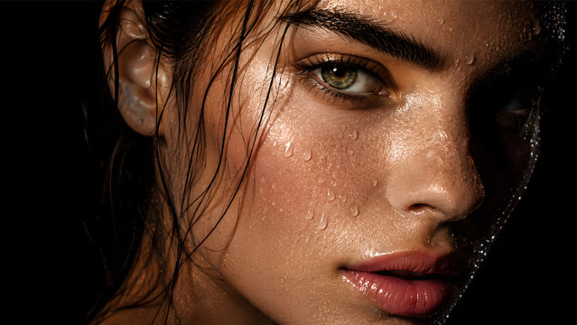 Ultra-realistic close-up portrait of a contemporary woman with dewy water droplets on flawless skin