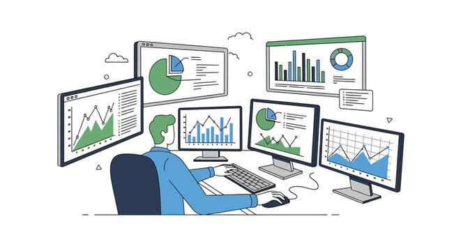 Data analyst working at desk with multiple computer screens displaying financial charts and business graphs.