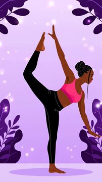 Woman performing king dancer yoga pose near purple leaves.