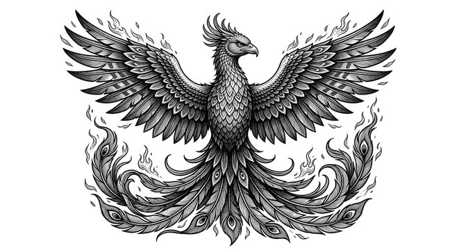 Intricate vintage etching of a phoenix bird rising from flames