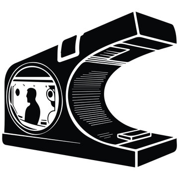 Silhouette of a 3D scanner and printer with human figure inside.