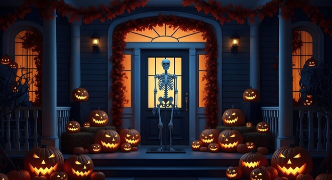 Detailed human skeleton model standing guard at a festive front porch decorated with many glowing jack o lanterns during a dark spooky autumn halloween night celebration