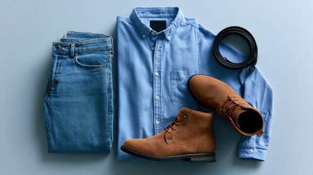 Mens casual apparel ensemble with blue shirt denim and suede boots in a flat lay for fashion retail marketing