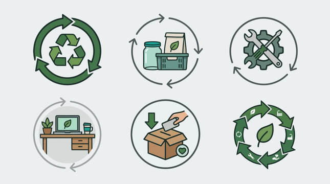 Sustainable circular economy and green office workplace icons representing ecological recycling practices