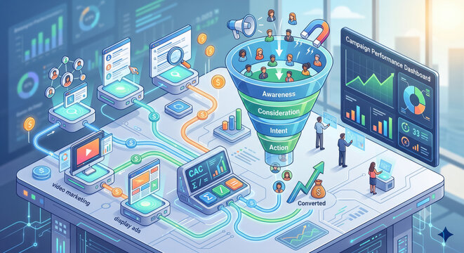 Isometric martech stack and conversion funnel showing spend allocation and CAC optimization levers.
