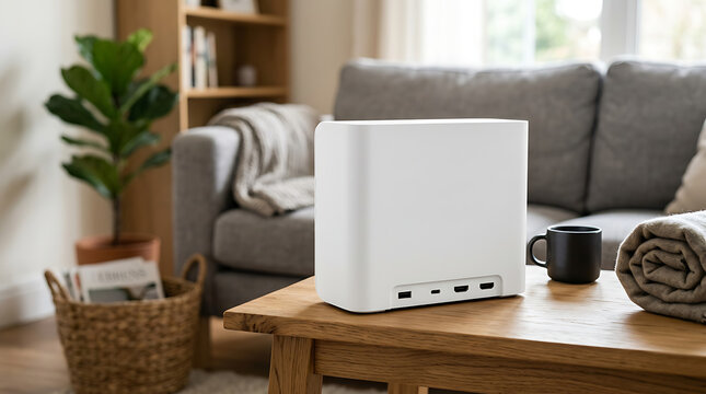 Modern white tech docking station sitting on a wooden table in a comfortable home office living room setting