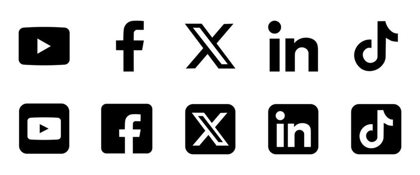 Social media icons including YouTube, Facebook, X, LinkedIn, and TikTok in black and white, featuring flat logo symbols for app design and vector illustration