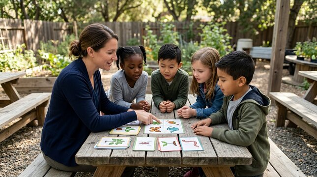 A diverse group of young children and their female teacher engage in an outdoor learning activity with flashcards at a wooden picnic table.